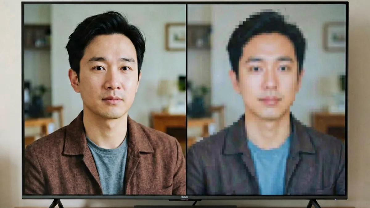 不同WWW.国产视频平台在同一智能电视上的画面对比，左侧4K高码率画面纹理清晰，右侧低码率画面存在明显块状模糊