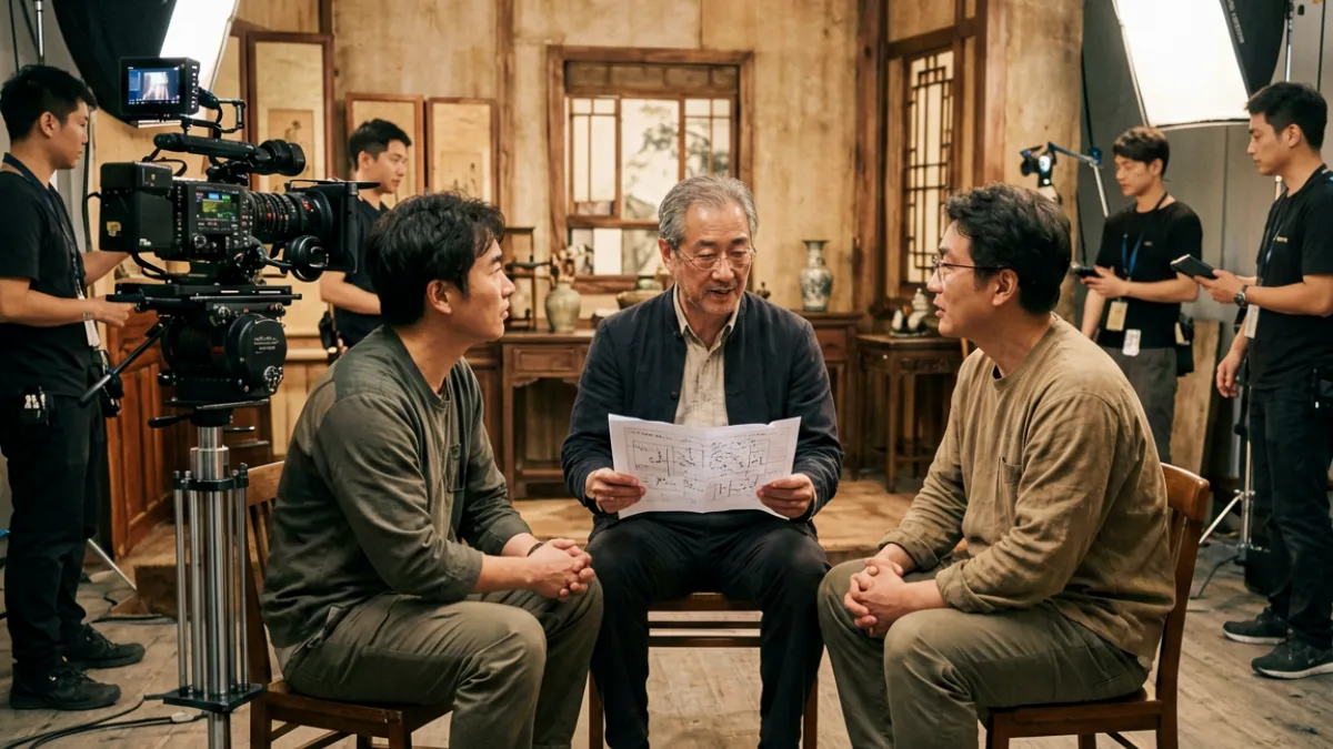 WWW.国产 - 国产网络剧制作现场，导演与演员在布景前对稿讨论剧情的工作场景