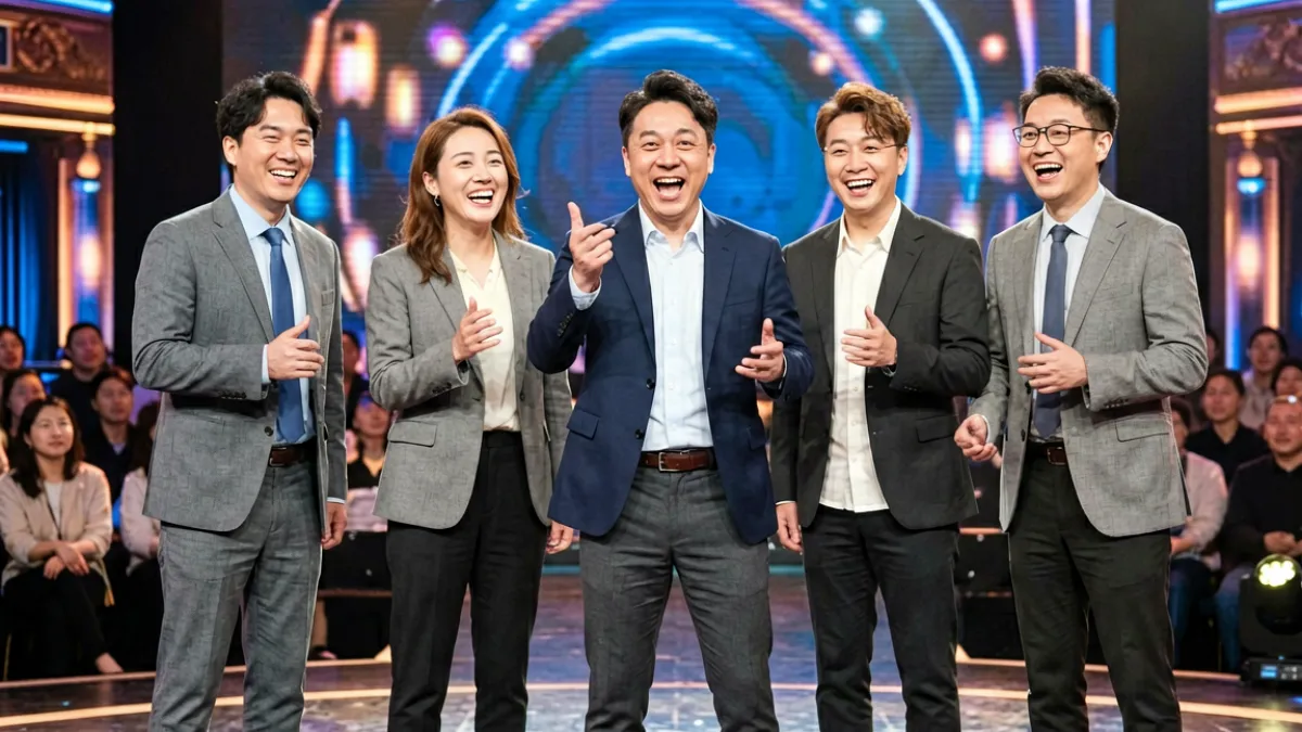 国产喜剧综艺舞台上多位演员同框表演的欢乐现场画面
