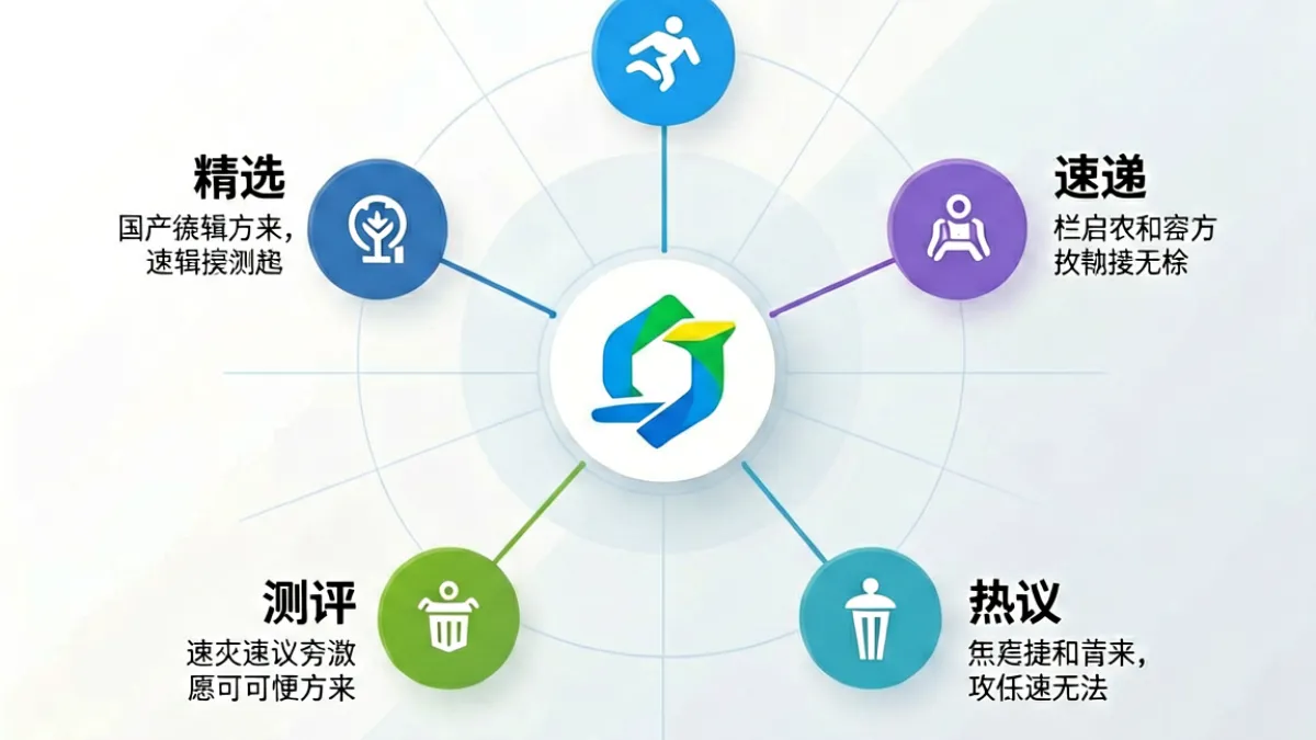 WWW.国产平台栏目结构示意图，展示精选、速递、测评等各大栏目的逻辑关系与内容分布